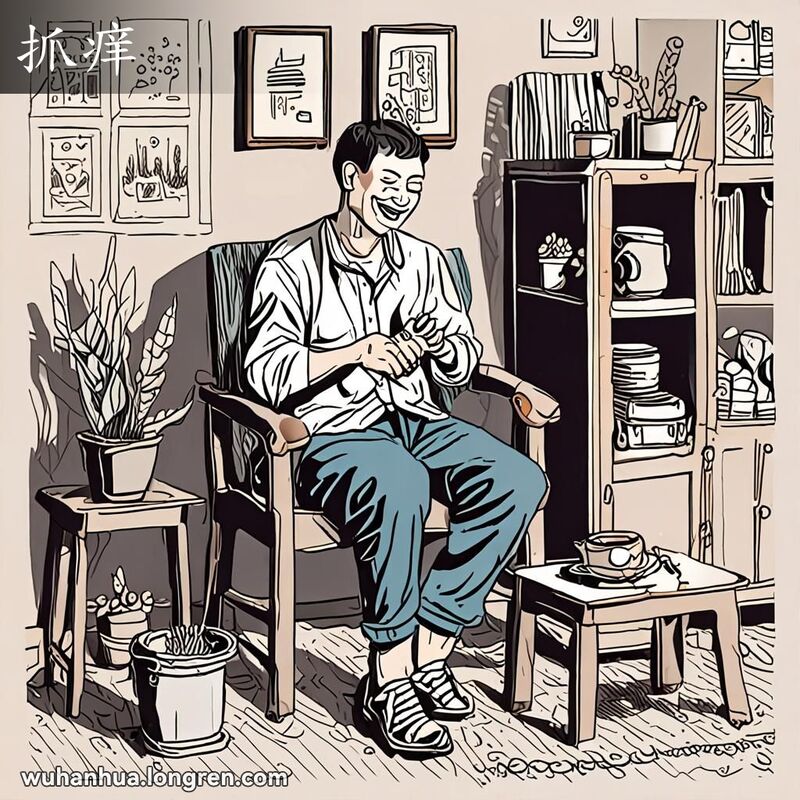 一位武汉市民坐在木凳上，开心地挠背，背景是温馨的客厅，展现“抓痒”的场景