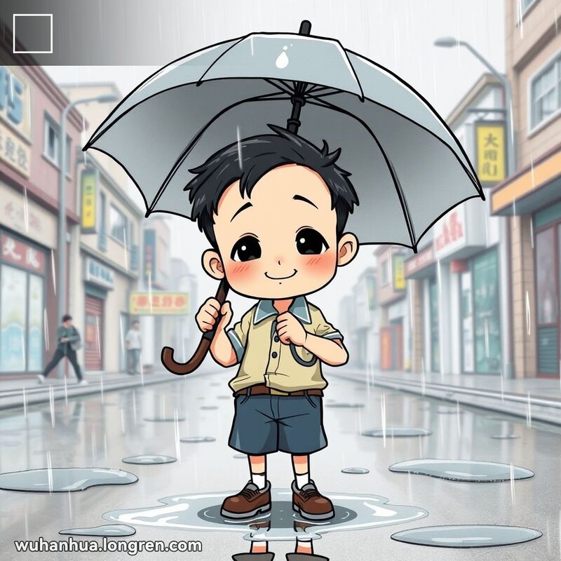 一个小男孩在雨中撑伞，伞倾斜让雨水淋在他身上，背景是武汉街景和积水