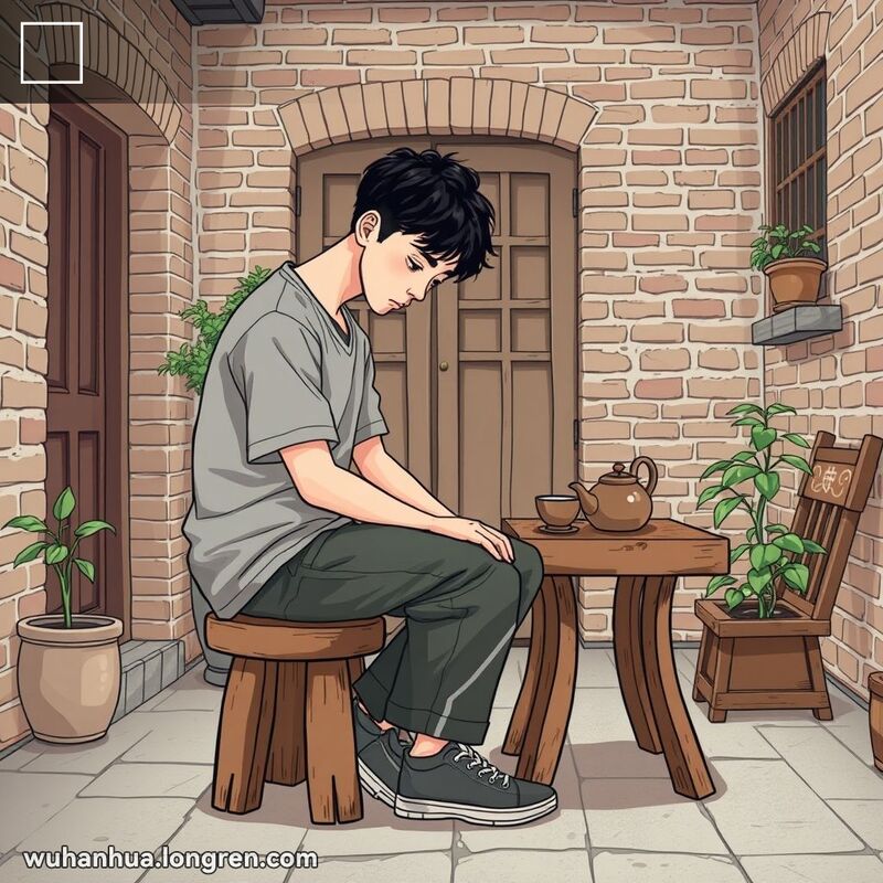 一位年轻男子坐在武汉庭院的木凳上，低头看着地面，表情略显沮丧，背景有老砖墙和绿植