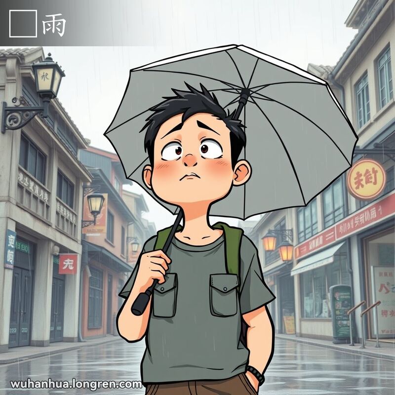 一位武汉市民在雨中站在户外，手持雨伞但仍被雨水淋湿，脸上带有些许恼怒的表情，背景是武汉老街景