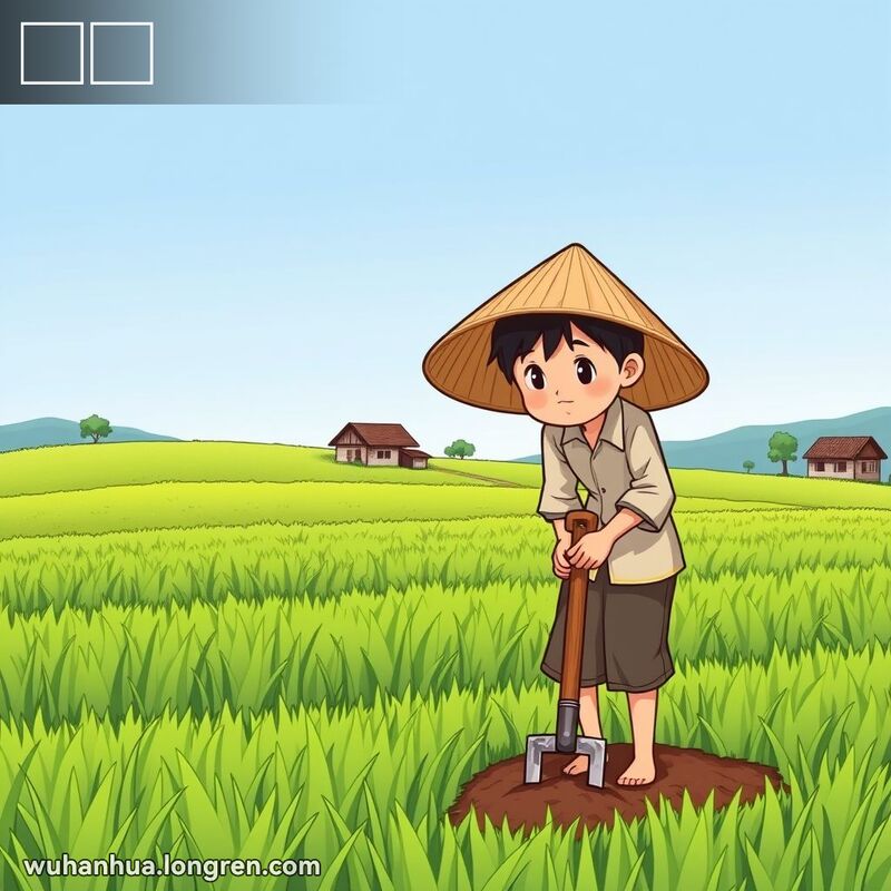 一位武汉农民在田间用锄头翻土，背景是绿油油的田野和晴朗的天空