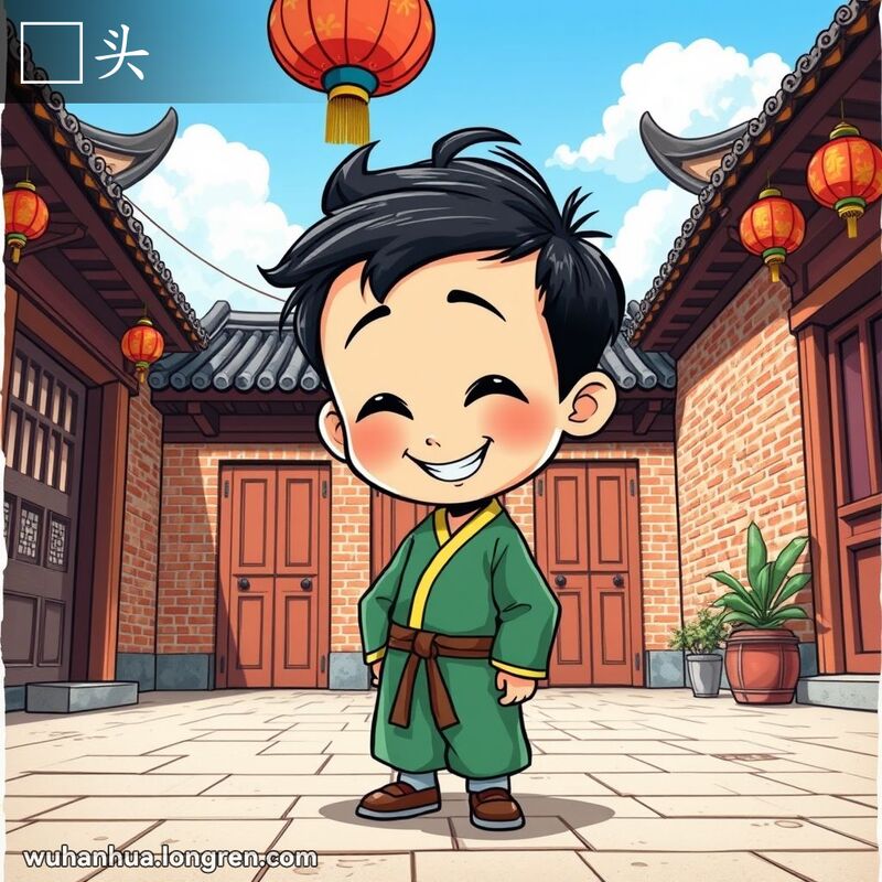 一个穿着传统中国服装的小男孩在老武汉的庭院里低头，露出调皮的笑容，背景有木门和红砖墙。