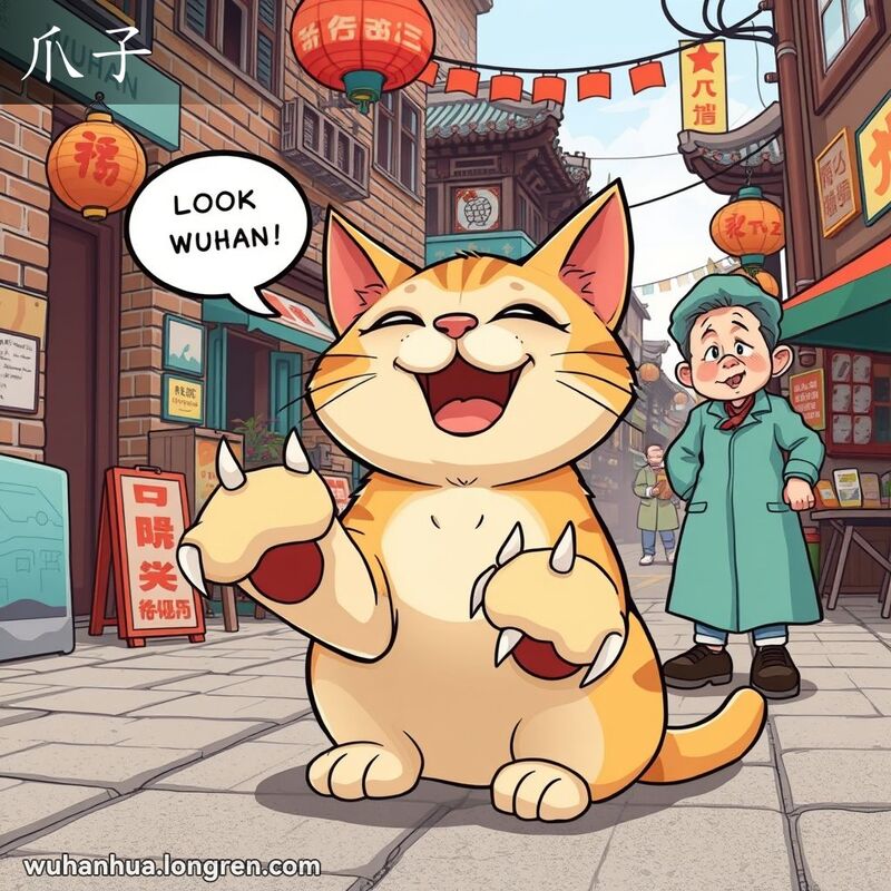 一只猫咪坐在武汉老街角落，展示锋利的爪子，背景中一位居民指着猫爪，露出惊讶表情