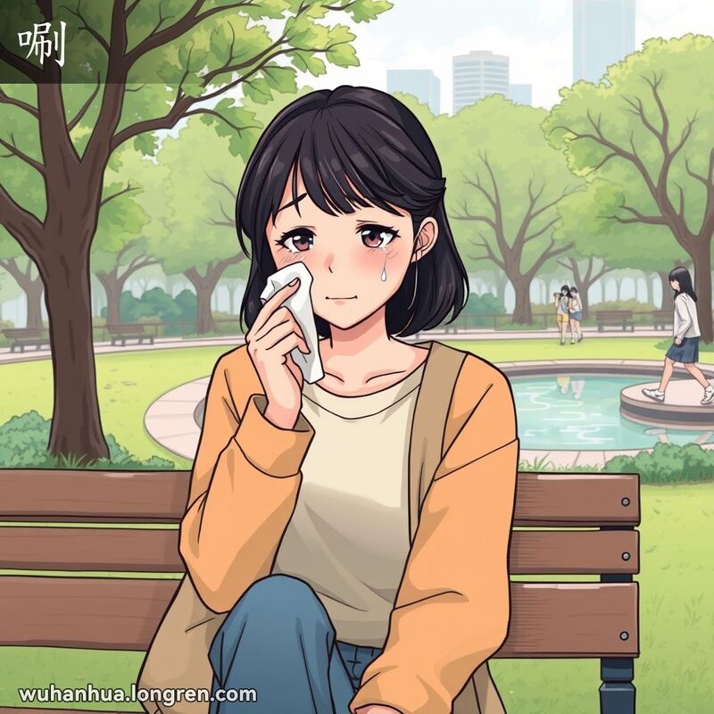 一位年轻的武汉女子坐在公园长椅上，手持纸巾擦拭眼泪，泪水不断地从脸颊滑落，表情悲伤，背景是宁静的公园景色。