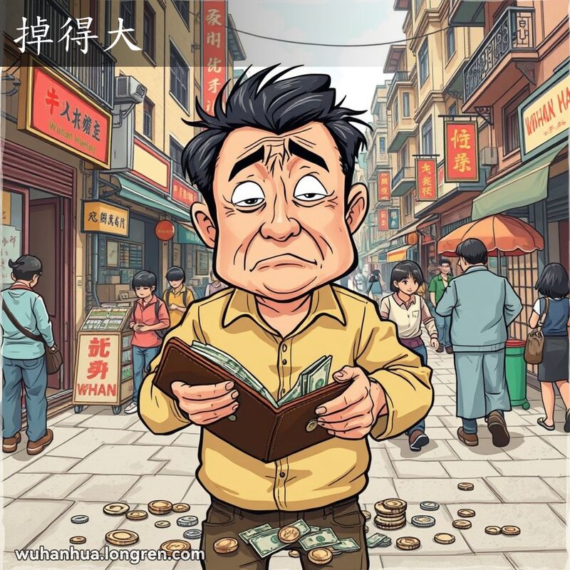 老王站在武汉街头，手拿空钱包，地上散落硬币和纸币，脸上露出“掉得大”的表情