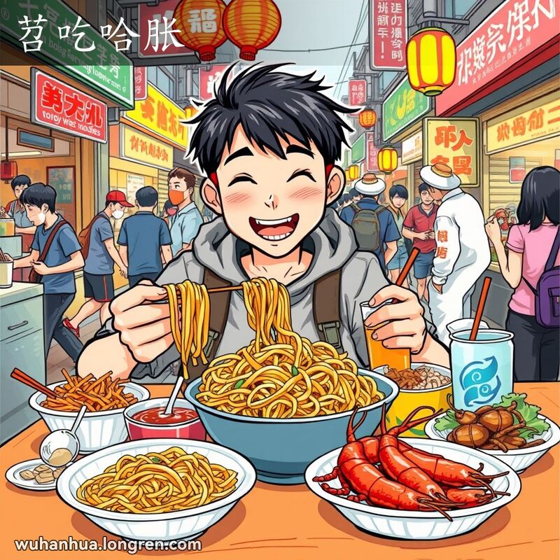 一位武汉年轻人坐在桌前，桌上摆满了热干面、鸭脖子和小龙虾等美味小吃，正猛吃猛喝，背景是热闹的武汉街头市场