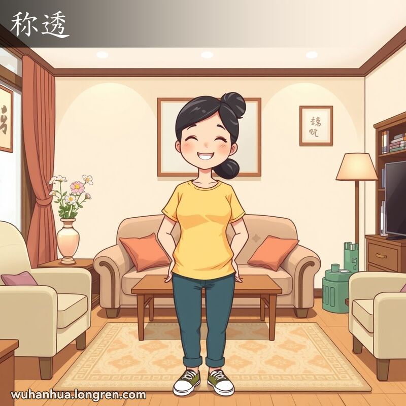 一位武汉妇女站在整洁的客厅中，脸上带着满意的笑容，背景有传统中国元素。