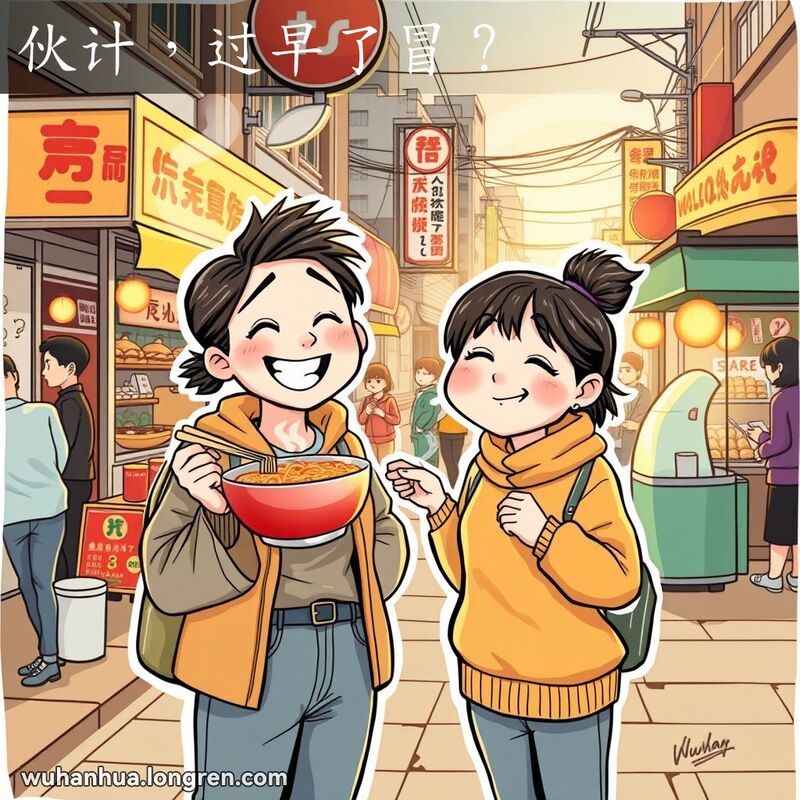 两位朋友在武汉早晨的街头早餐摊前相遇，一位朋友手持豆皮，微笑着打招呼，背景是繁忙的早市。