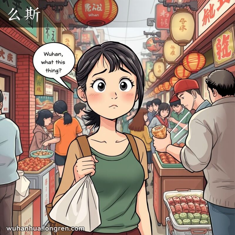 一位年轻女子在武汉街头市场中，手持小包，面带困惑地看着摊贩，背景是热闹的老街景