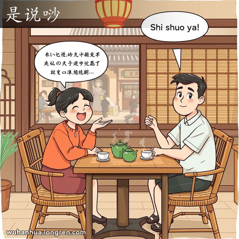 两位朋友在茶馆内交谈，一位朋友点头表示赞同，背景是传统茶馆和武汉老街景