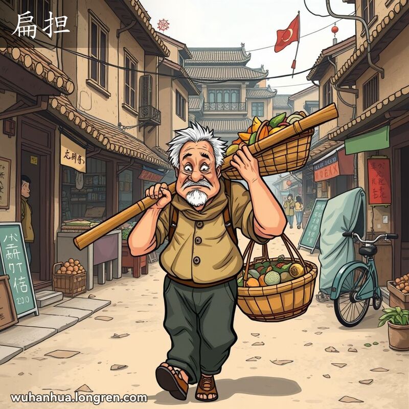 一位中年男子在武汉老街上肩挑扁担，扁担两端挂着重篮子，背景是热闹的市场