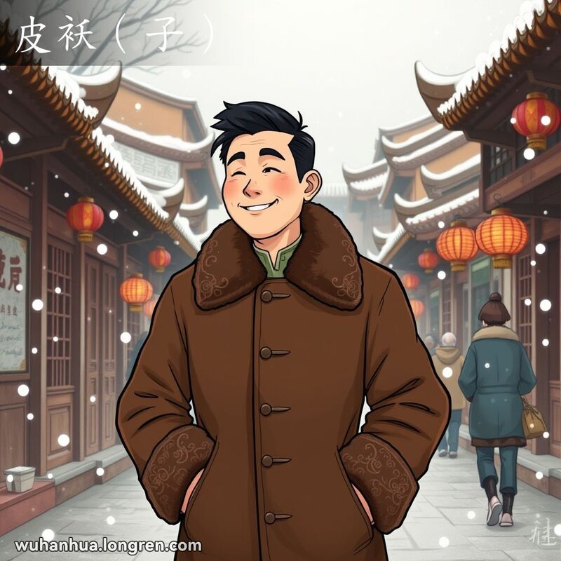 冬季传统中国街道，男子穿着皮袄漫步，背景有老式建筑和灯笼
