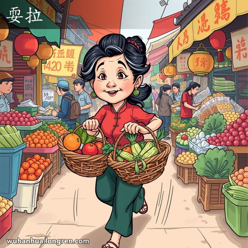 一位中年妇女在武汉市场中迅速穿梭，手持装满蔬菜的篮子，展现“耍拉”的麻利形象