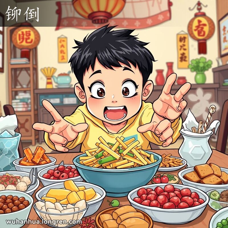 一个小男孩坐在餐桌前，桌上摆满美食，他急切地伸手拿食物，表情专注。