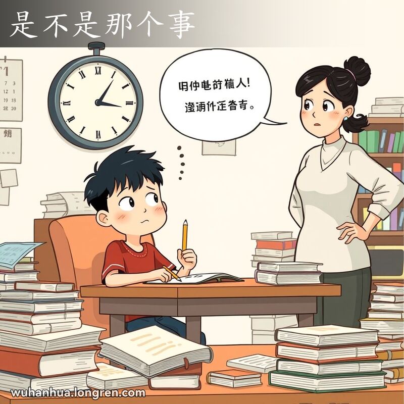 一位学生在书桌前准备考试，家长关心地询问是否准备好了，背景是充满学习材料的房间