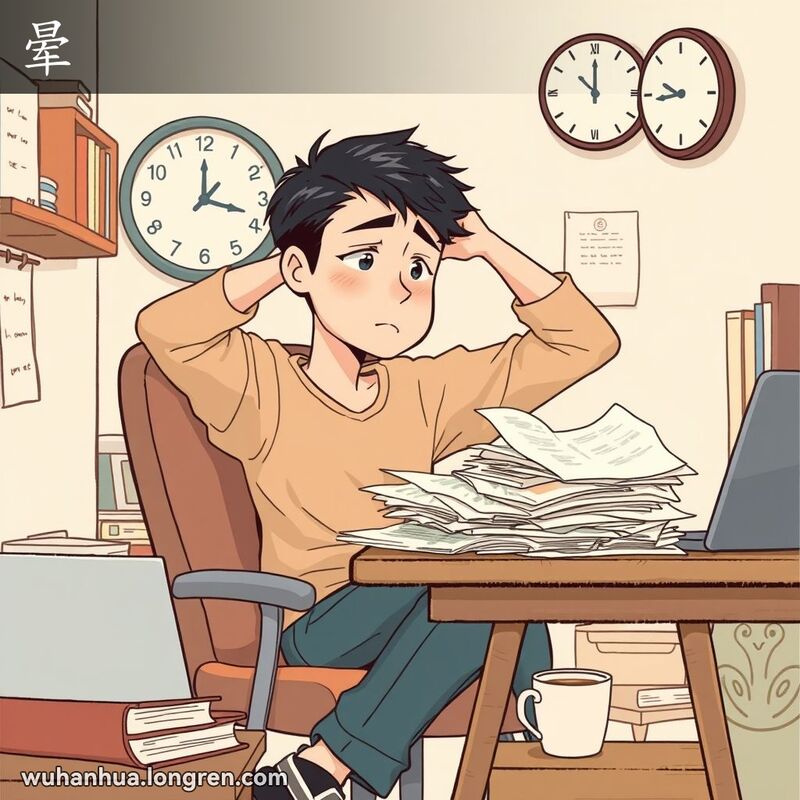 一位武汉年轻人坐在书桌前，面对一堆文件露出困惑和沮丧的表情，背景中的时钟显示时间在缓慢流逝