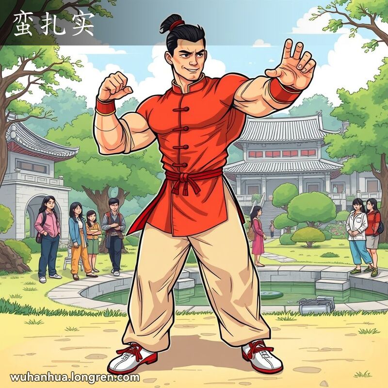 一位武汉男子在公园中展示功夫，背景是一群惊叹的观众，表现“蛮扎实”的意思