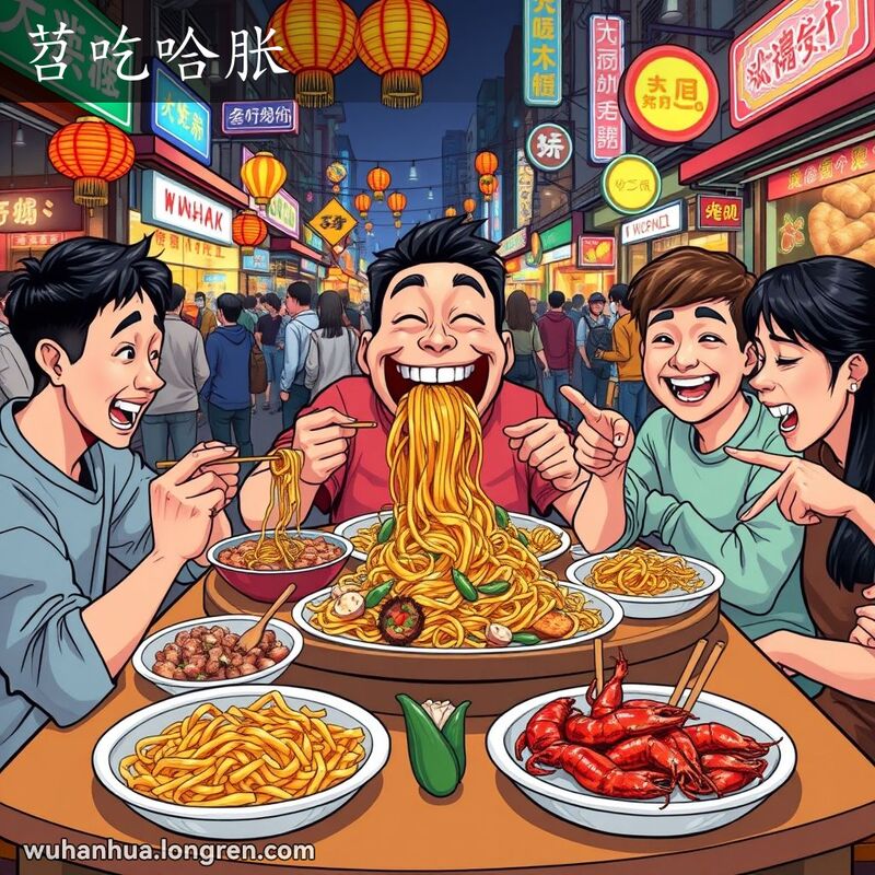 一群朋友在武汉夜市吃小吃，其中一人贪吃，朋友们笑着指向他，背景是繁忙的夜市。