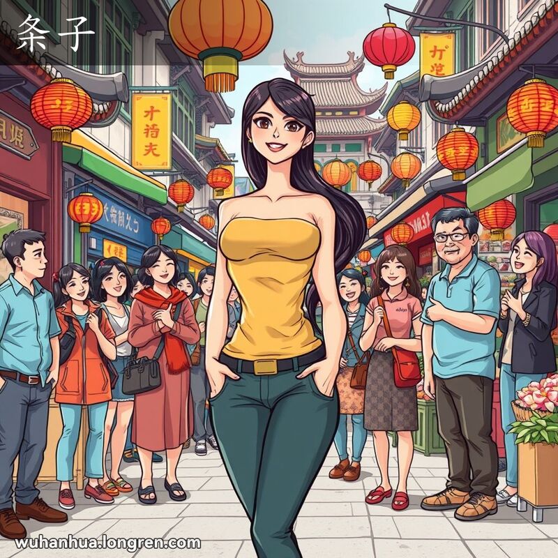 一位身材匀称的年轻女性站在武汉街头，周围人们赞赏地看着她，背景是热闹的市场和传统建筑