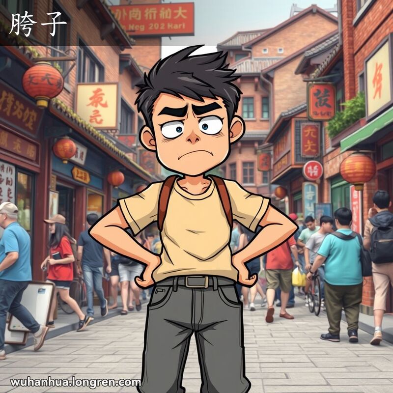 一位年轻男子站在武汉街头，双手叉腰，面露愤怒和不满的表情，背景是武汉的老街景，画面突出了男子的腿部