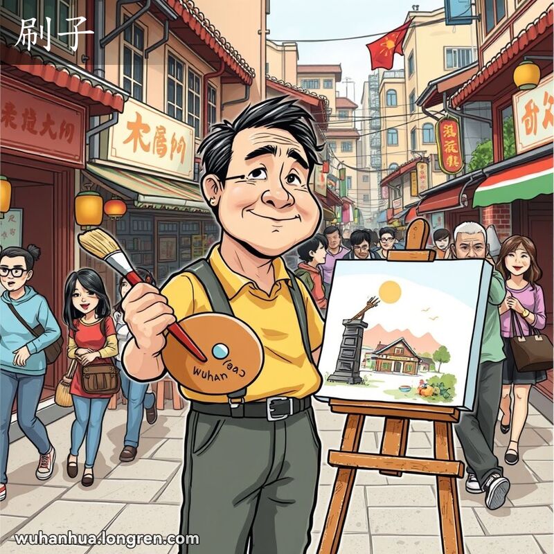一位中年男子在武汉街头展示画笔技能，背景有人手持各种刷子，如扫帚、牙刷和化妆刷。