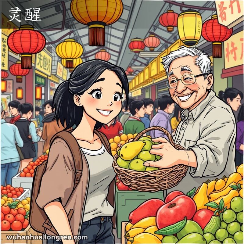 一位年轻女子在武汉市场的水果摊前挑选水果，脸上带着聪明和愉快的表情，背景是热闹的市场景象。