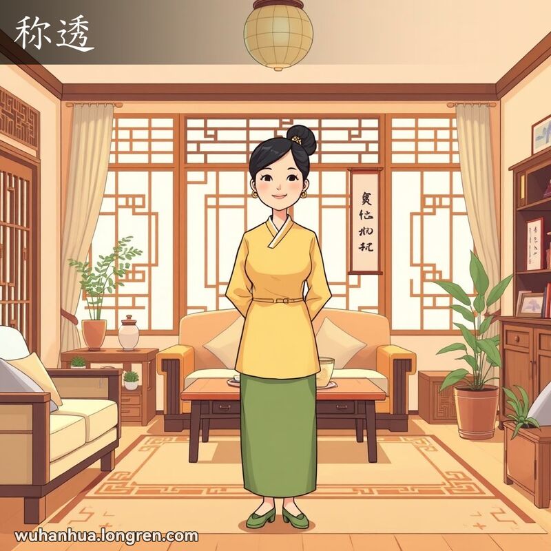 一位女性站在整洁有序的武汉传统家庭客厅中央，脸上带着满意的微笑，背景有传统中式家具和装饰。