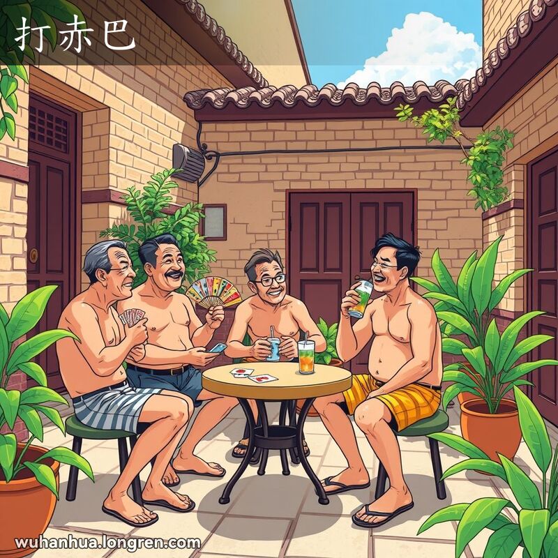 武汉夏天，几位男子在院落里打牌聊天，上半身赤裸，背景有老砖墙和绿植