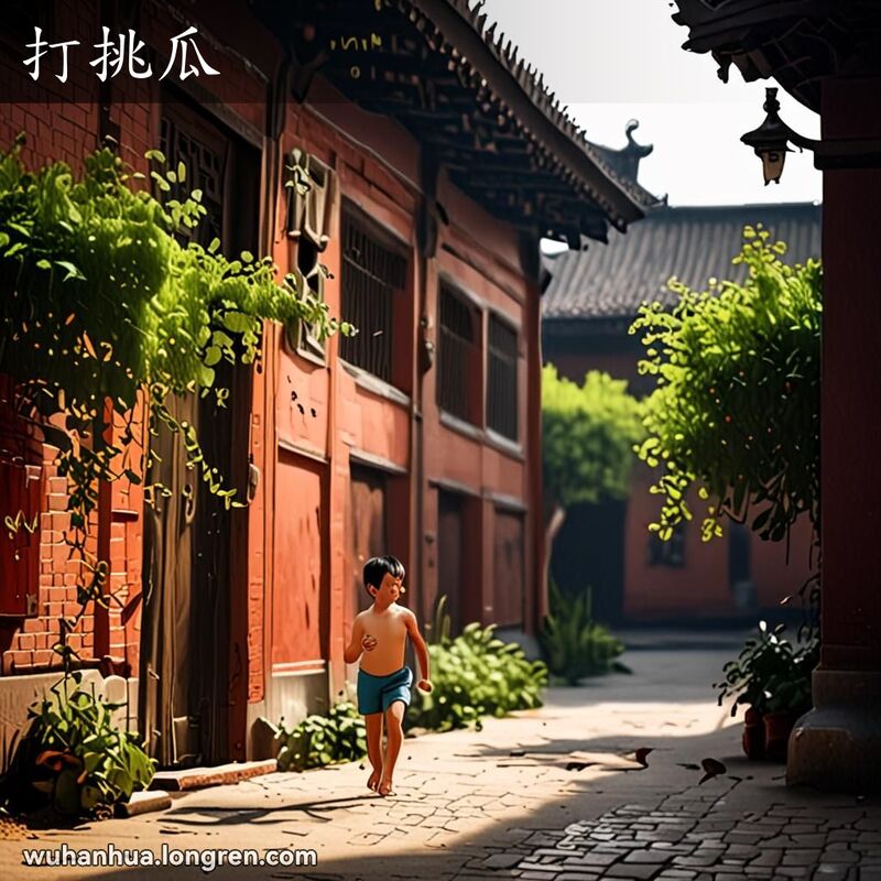 一个赤裸的武汉小男孩在院子里玩耍，背景是武汉传统建筑
