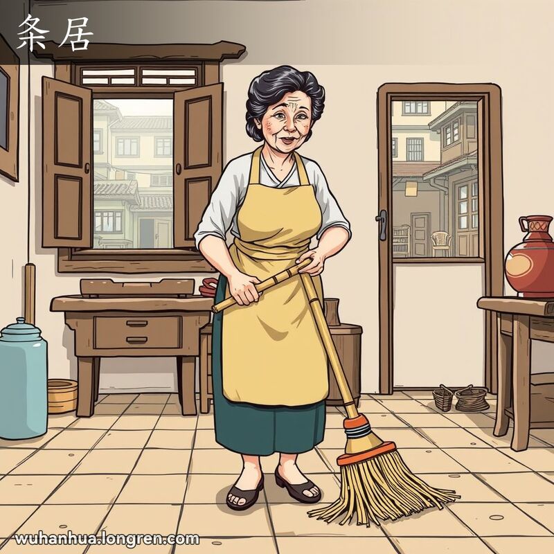 一位中年妇女在武汉传统家庭中用竹条扫帚打扫地面，背景有老式家具和武汉巷子景象