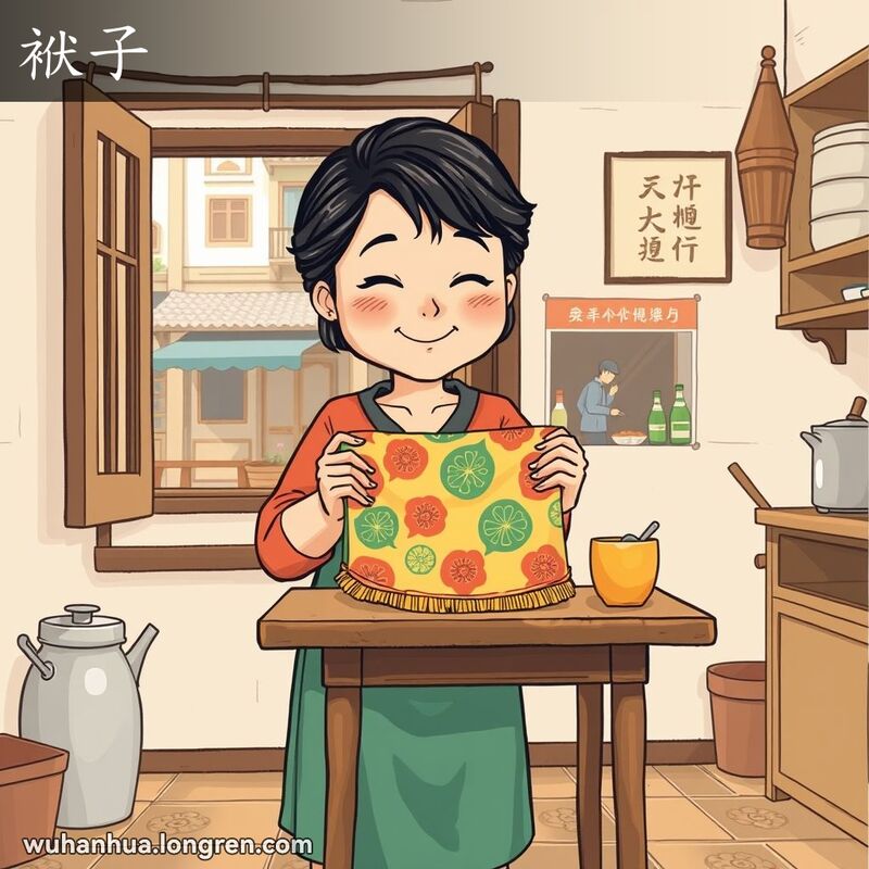 一位中年妇女在武汉厨房中手持毛巾，背景是武汉老街景