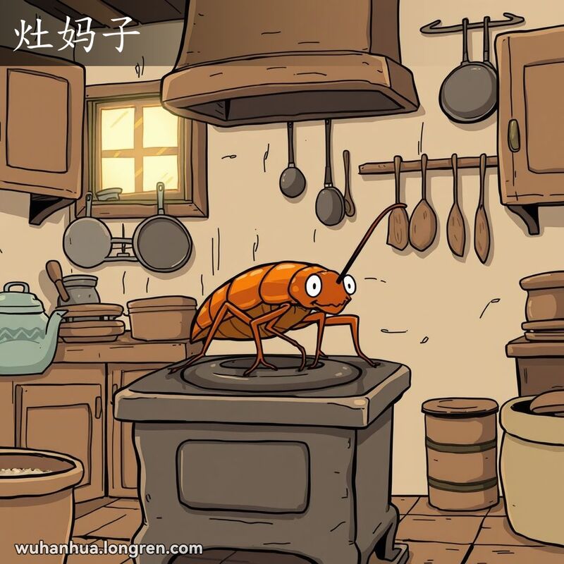 一只大蟑螂在老式灶台上爬行，背景是传统武汉厨房
