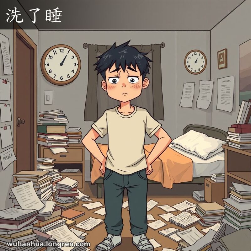 一位年轻人站在凌乱的房间里，显得疲惫不堪，脸上露出放弃的表情，背景是深夜的房间