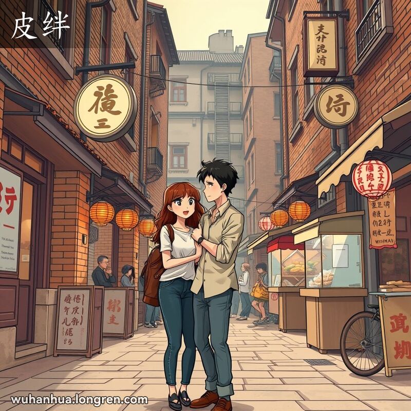一位武汉女子在街头与一位男子秘密会面，两人神情紧张，背景是武汉老街景
