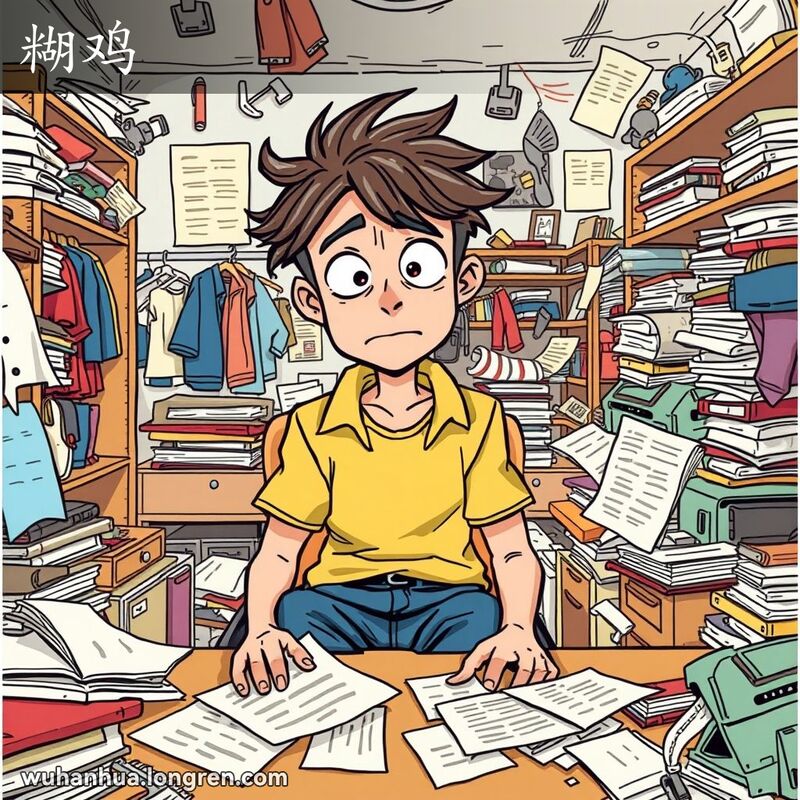 一位年轻男子坐在凌乱的房间里，表情迷茫，周围散落着各种杂物，反映了“糊鸡”的状态。