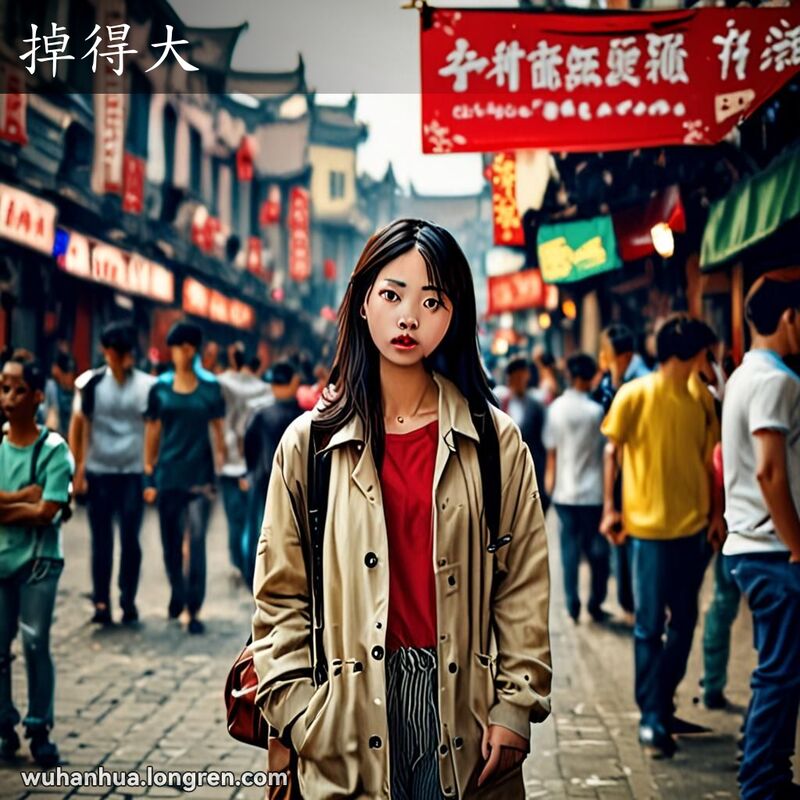 一位年轻的武汉女子站在繁忙的街道上，手里拿着空空的钱包，脸上露出困惑和沮丧的表情，背景是热闹的市场和传统的武汉建筑。
