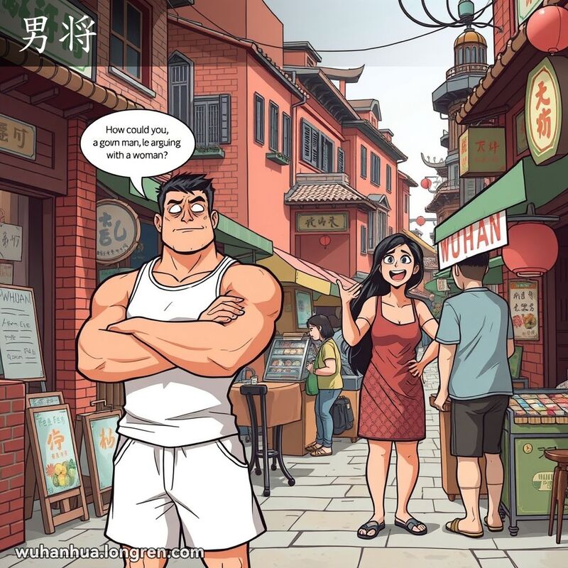 一位男子站在武汉老街市场摊位前，露出无奈的表情，旁边一位女子正在与摊贩争吵。