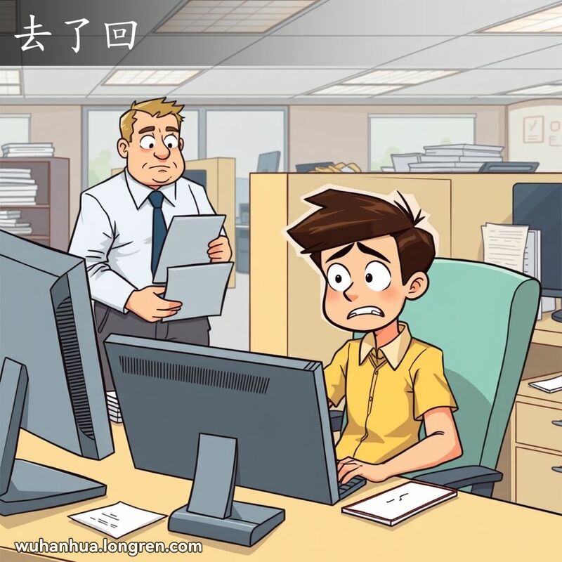 一位年轻的办公室职员在工作时间偷偷玩电脑游戏，突然被老板抓个正着，露出惊讶和担忧的表情，背景是办公室环境