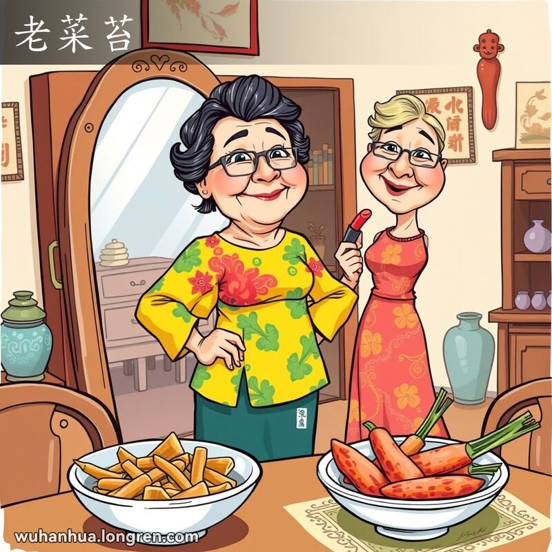 一位中年武汉女性站在镜子前试穿鲜艳裙子，背景是武汉传统家庭场景，桌上有一碗老菜苔