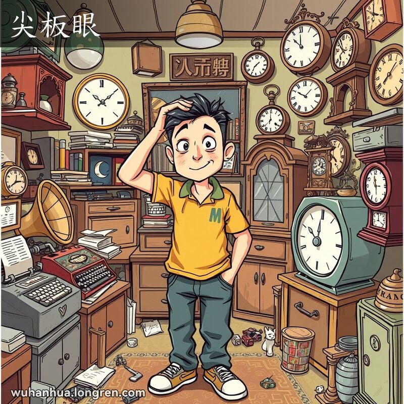 一位武汉男子站在充满奇怪物品的房间中，露出好奇和困惑的表情，背景是老旧和现代装饰的混合
