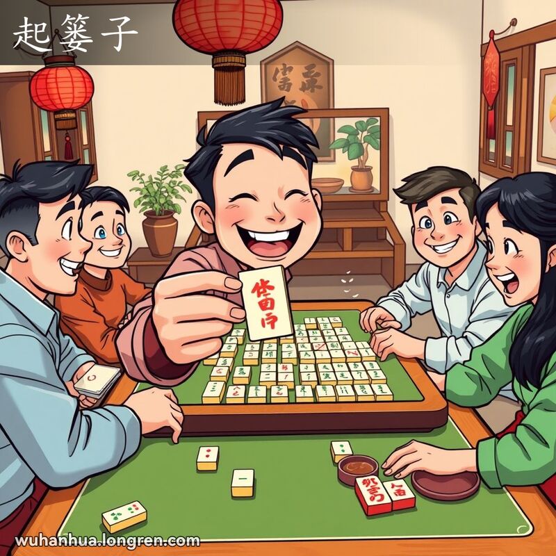 四位玩家在麻将桌前，主角手持赢牌，脸上露出兴奋的笑容，其他玩家惊讶地看着他，背景是温馨的客厅。