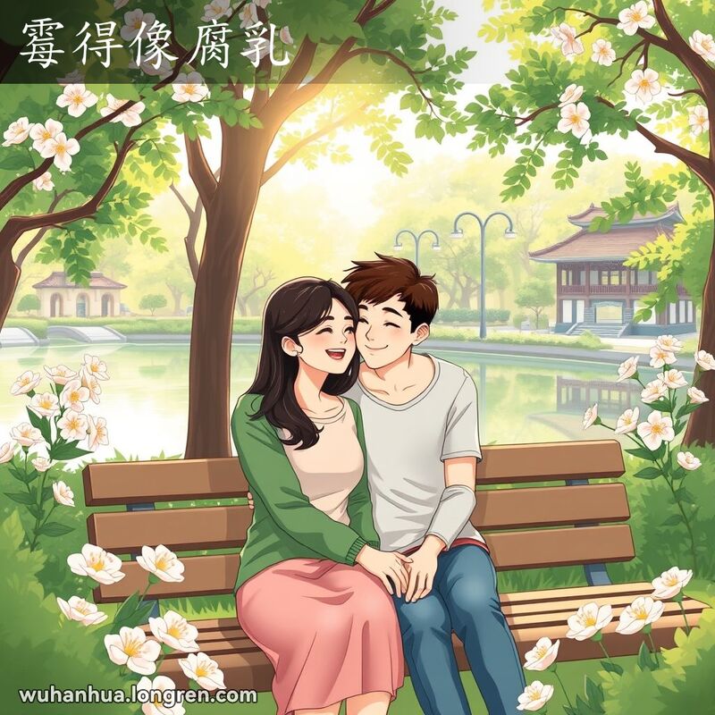 一对年轻情侣在公园长椅上亲密依偎，背景是武汉典型的公园景观