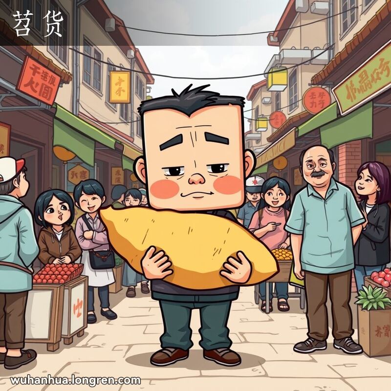 一位表情僵硬的人手持大地瓜站在武汉街市中，周围市民惊讶地看着他