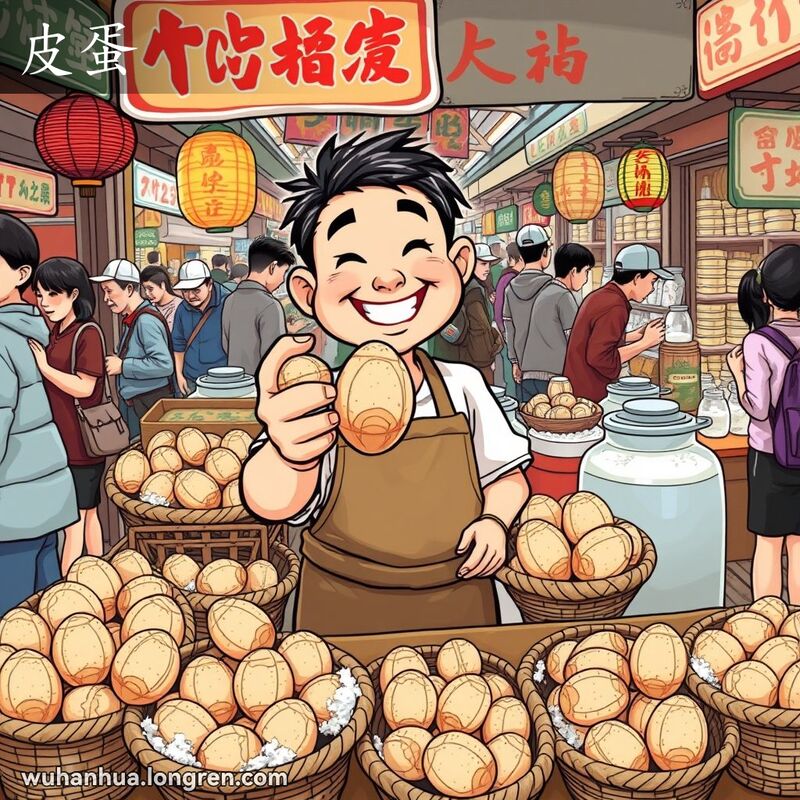 武汉街市摊位售卖皮蛋，摊主举着皮蛋展示，背景有其他摊位和热闹的市场场景