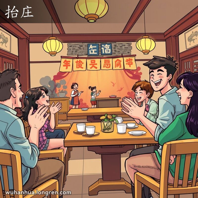 一群朋友在武汉茶馆聚会，主角热情鼓掌为表演者喝彩，背景是传统茶馆场景