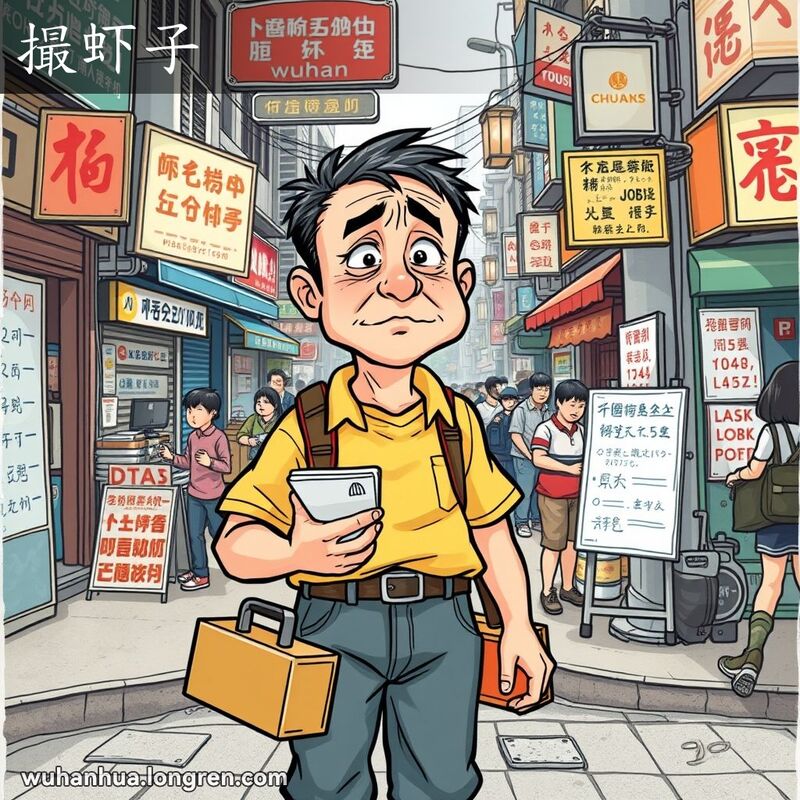 一位中年武汉男子站在街角，手持工具箱和小本子，四处寻找临时工作，背景是热闹的街景