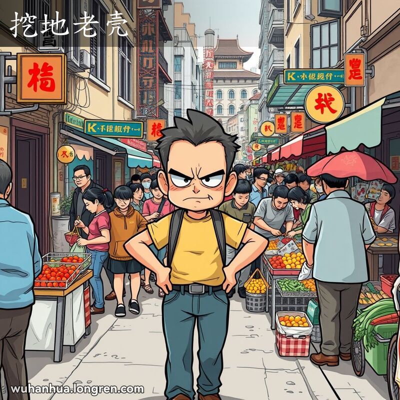 一位行人在武汉狭窄的街道上行走，街道两旁挤满了摆摊的小贩，行人显得非常恼火。