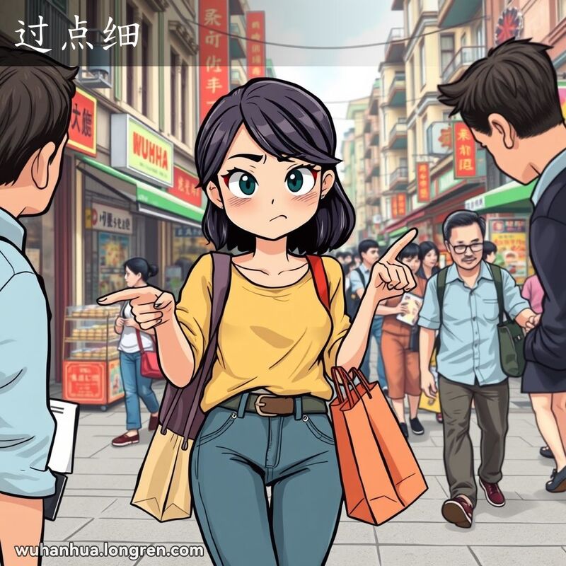 一位年轻女子在武汉街头指责前方男子，表情严肃，背景是武汉街景