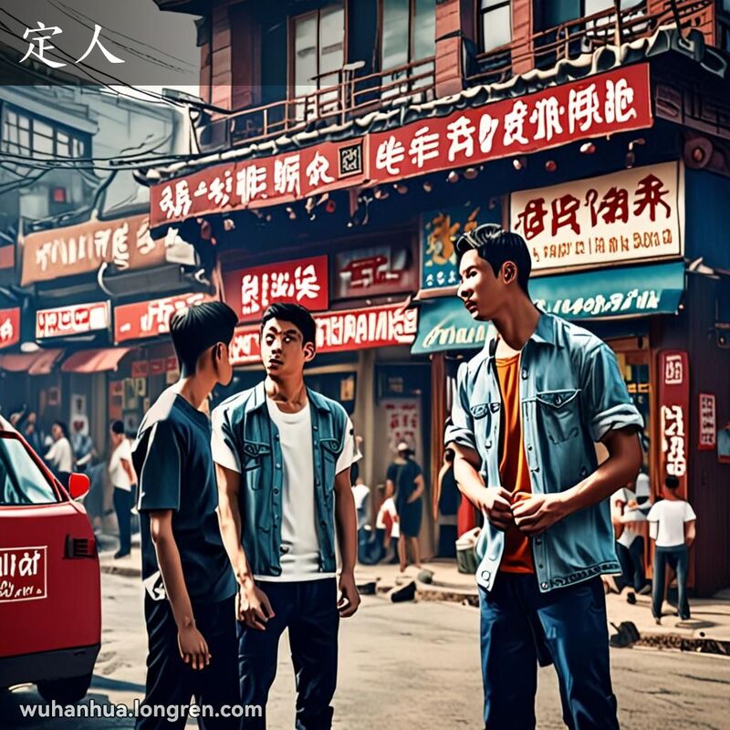 两个年轻人在武汉街头，一个人请求帮助，另一个人准备动手，背景是繁忙的老街景