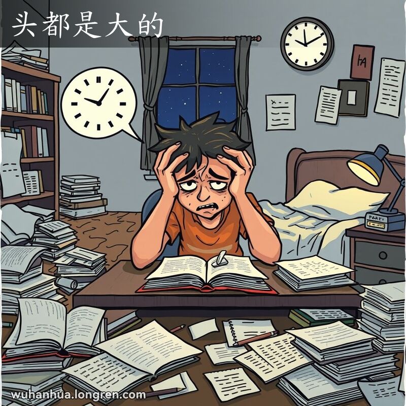 一位学生在考试前夕的紧张状态，桌上堆满书本和笔记，学生双手抱头，表情焦虑，背景是凌乱的房间和昏暗的灯光